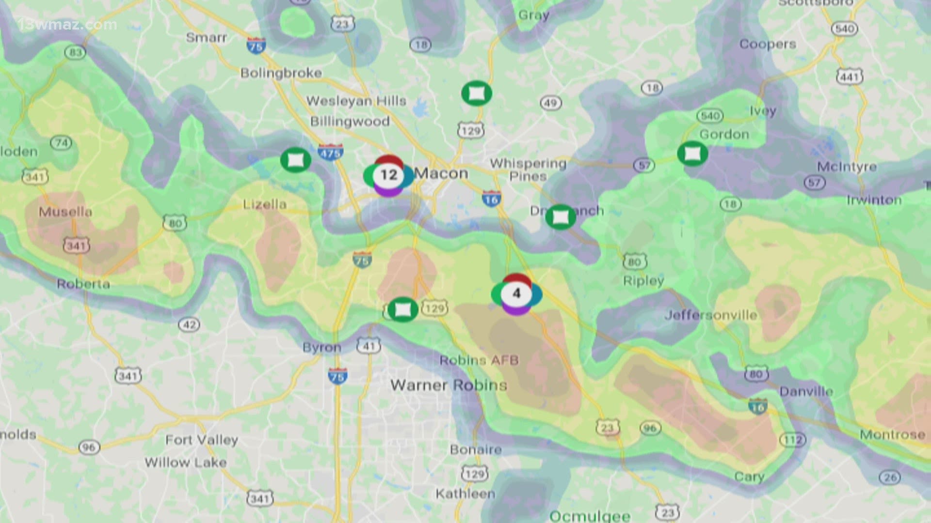 Georgia Power says about 3,300 customers in Macon are without power due to storms rolling through the area Friday evening.