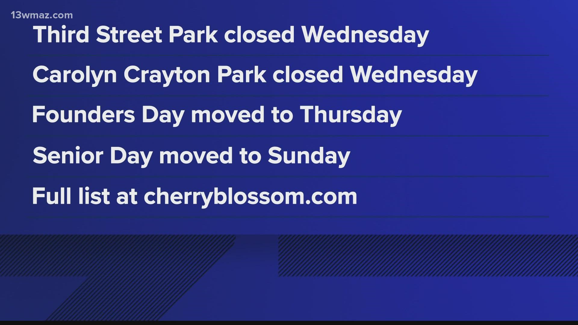 Because of the weather threat Wednesday, the Cherry Blossom Festival is closing Third Street festivities and Carolyn Crayton Park.