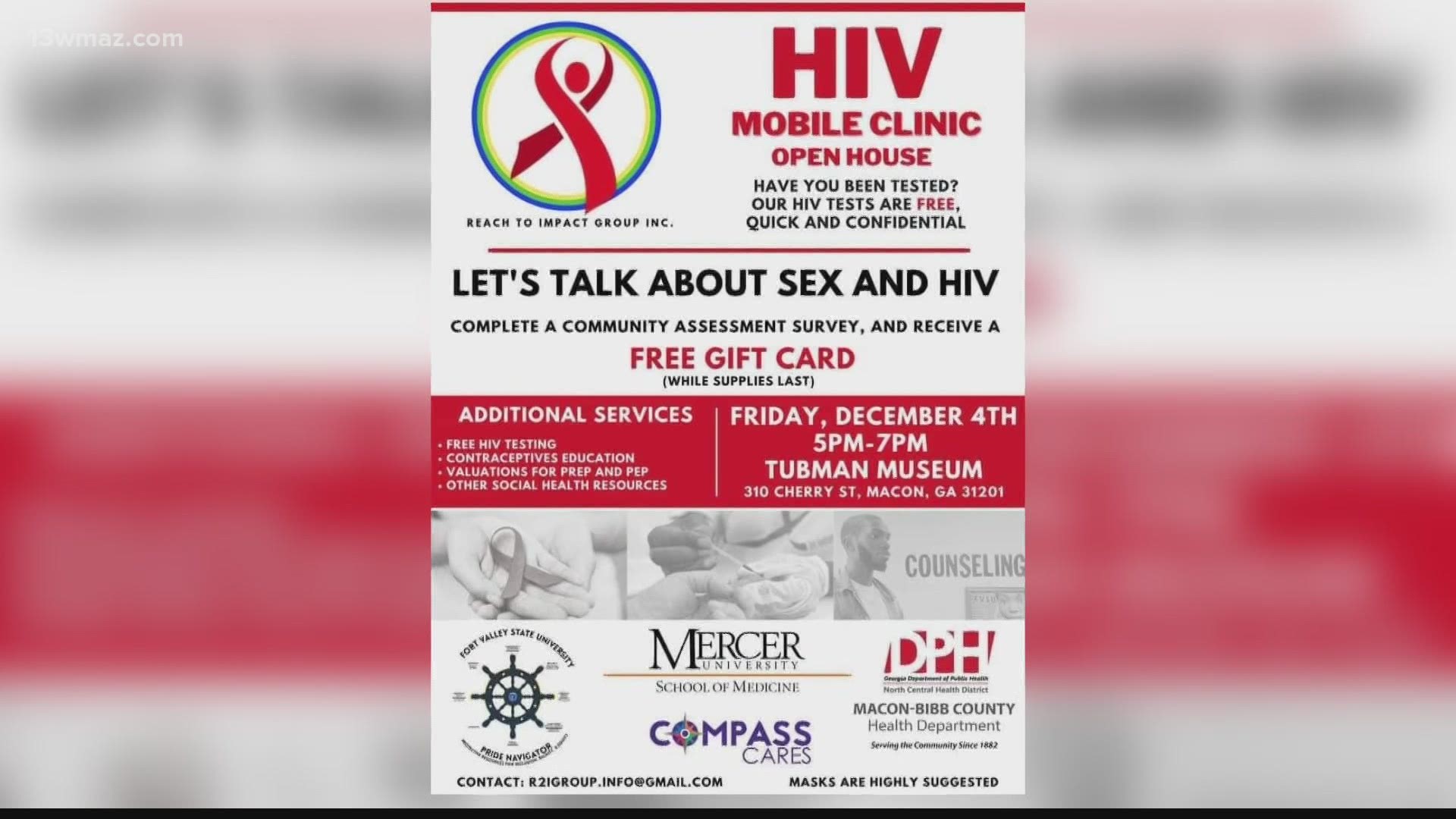 On Friday, people from around Central Georgia will have an opportunity to get tested for HIV at a mobile clinic located at the Tubman Museum from 5 p.m. to 7 p.m.
