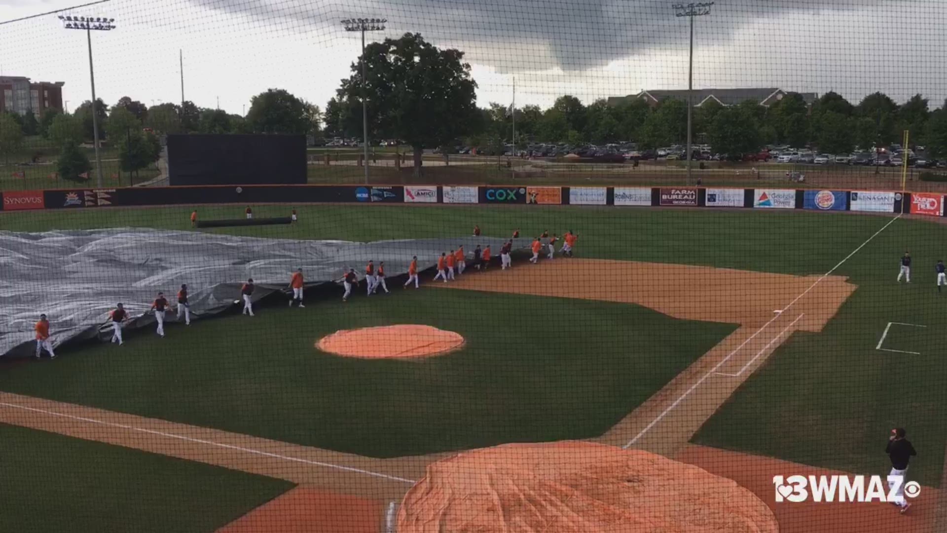 A strong storm moving through Central Georgia evacuated the stadium on Mercer's campus. The storm caused some problems as the Bears attempted to put the tarp on the field. The tarp obviously had other ideas: