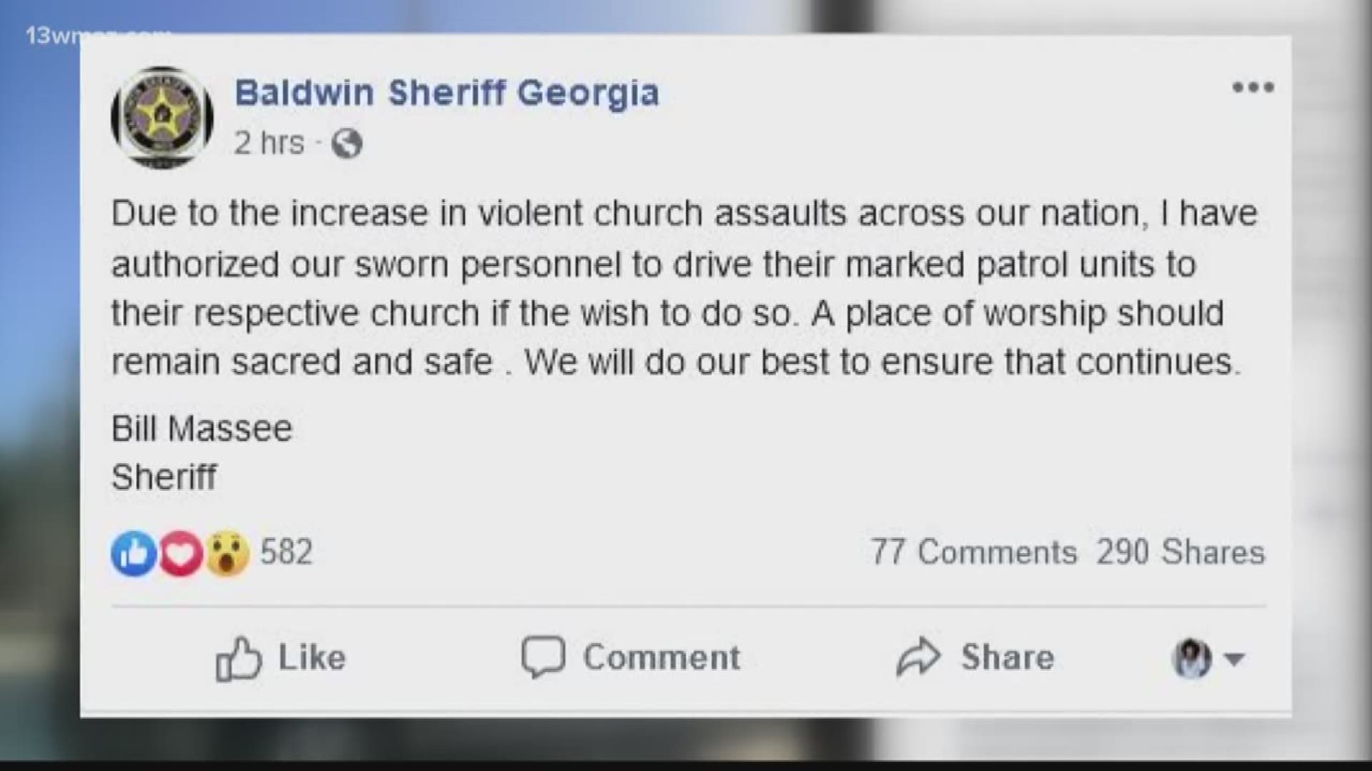 Two Central Georgia sheriffs say their deputies can now drive marked patrol cars to church services to deter criminals.