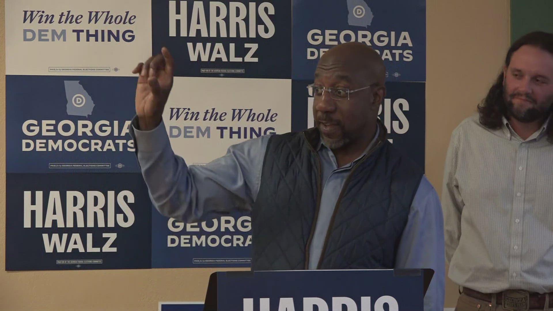 U.S. Sen. Raphael Warnock contrasted the agenda of Kamala Harris and Donald Trump during a speech in Macon on the day before polls open.