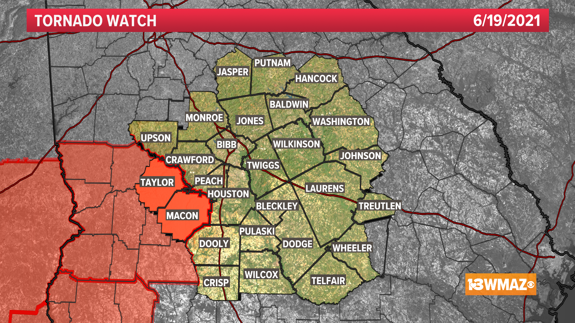 The Storm Prediction Center has issued a tornado watch for Taylor and Macon counties until 7 pm