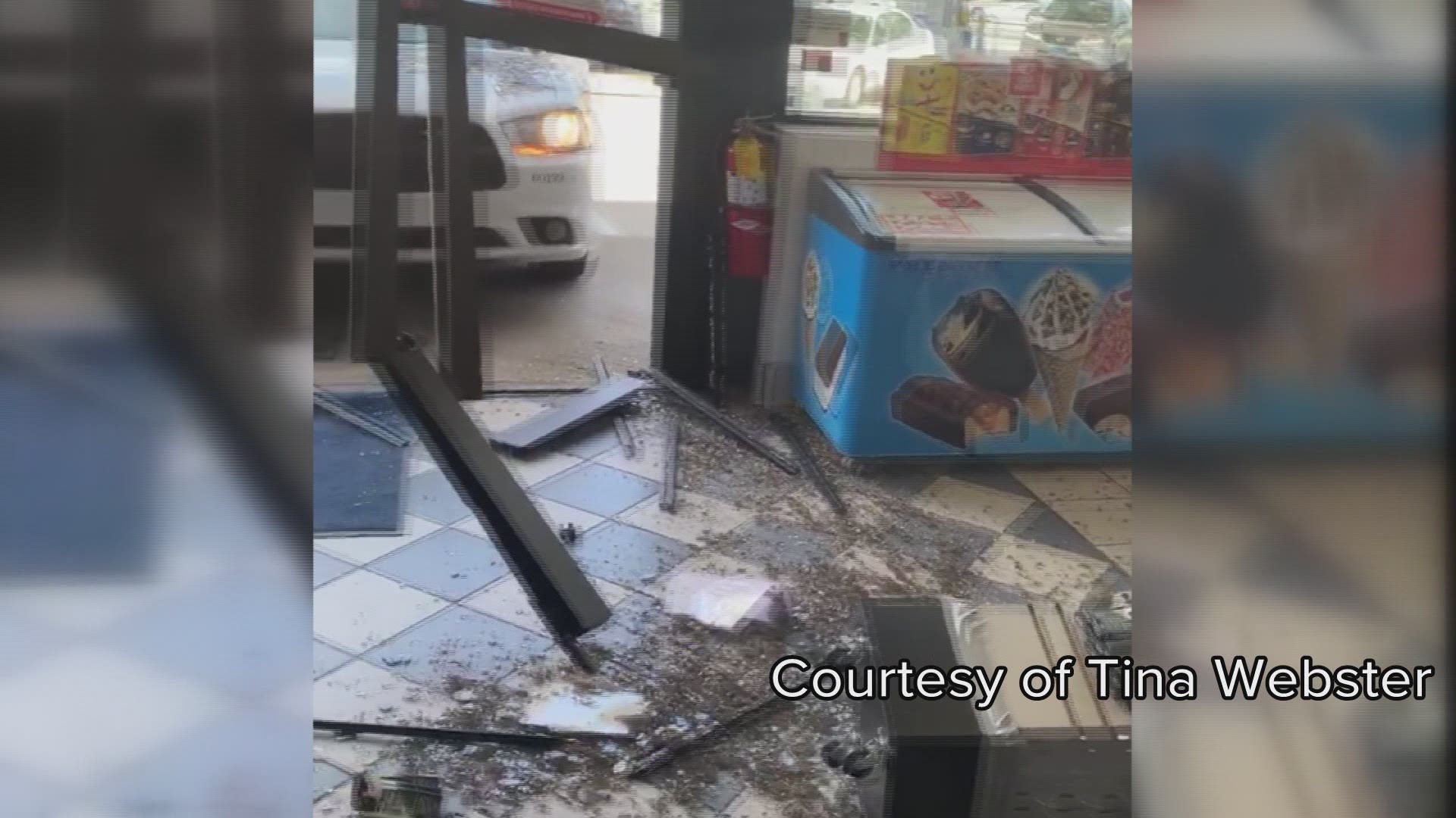 A Macon-Bibb County patrol car plowed through the front of a Macon gas station on Thursday afternoon.