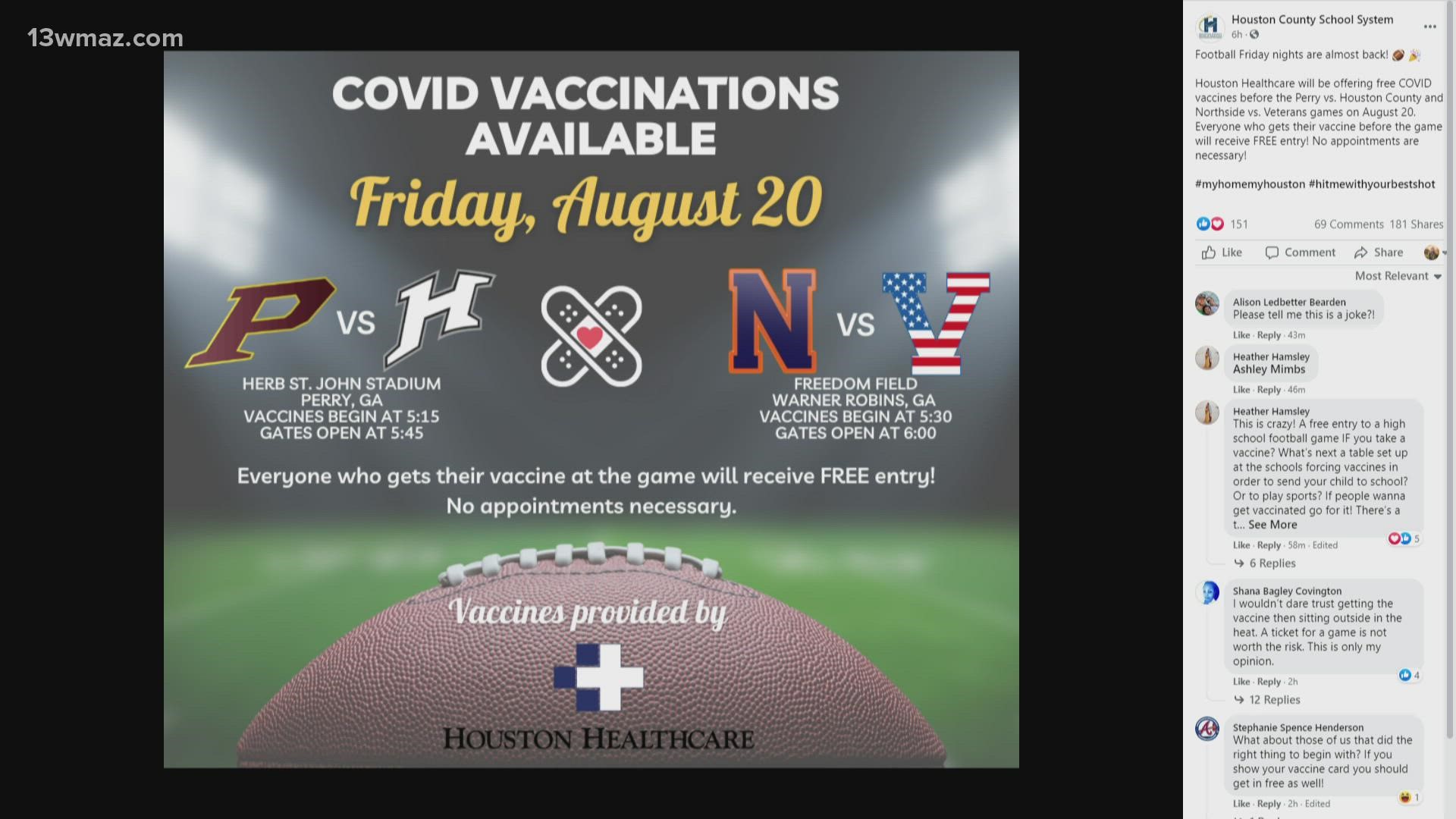 Houston Healthcare will be offering COVID-19 vaccines before the Perry vs. Houston County and Northside vs. Veterans games next week.