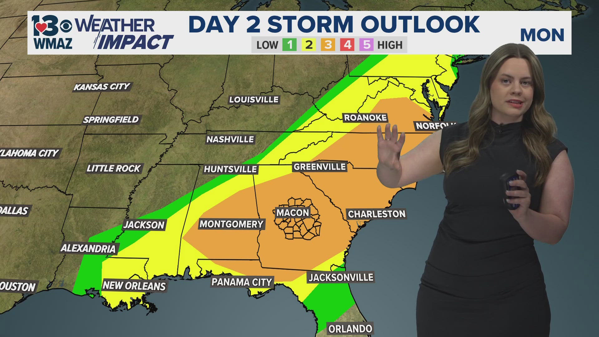 13WMAZ meteorologist Ansley Parker is live on 13WMAZ+, breaking down the now-level-3 out of 5 severe storms expected to hit Central Georgia on Monday.