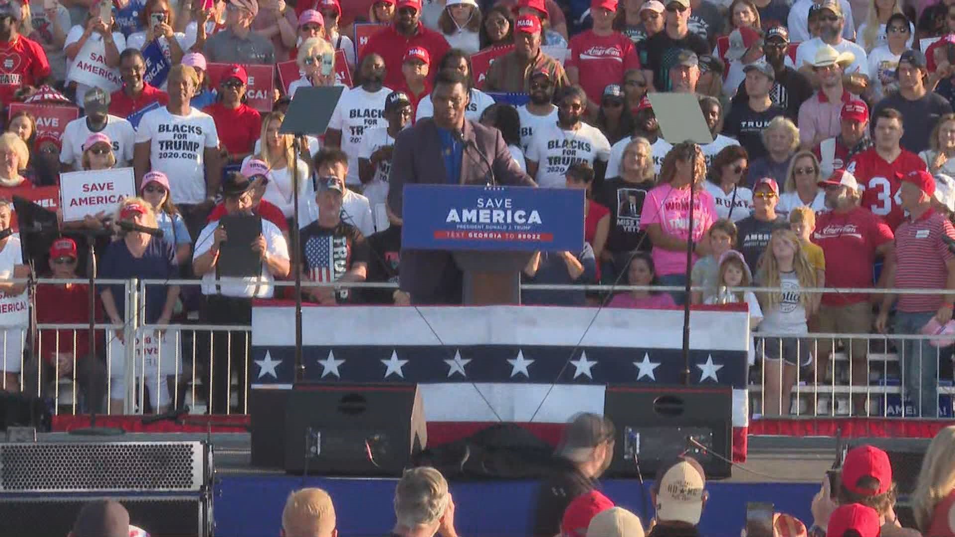 Central Georgia native and UGA legend Herschel Walker, who is now a candidate for U.S. Senate in Georgia, speaks ahead of Trump at Save America rally in Perry.