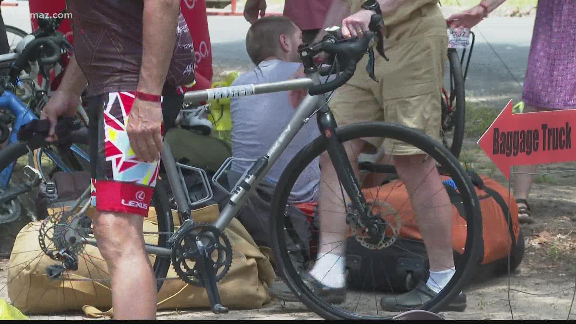Hundreds of bicyclists pedaled into Dublin for the 'Bicycle Ride Across Georgia' ride and will camp out at Stubbs Park for 3 days.