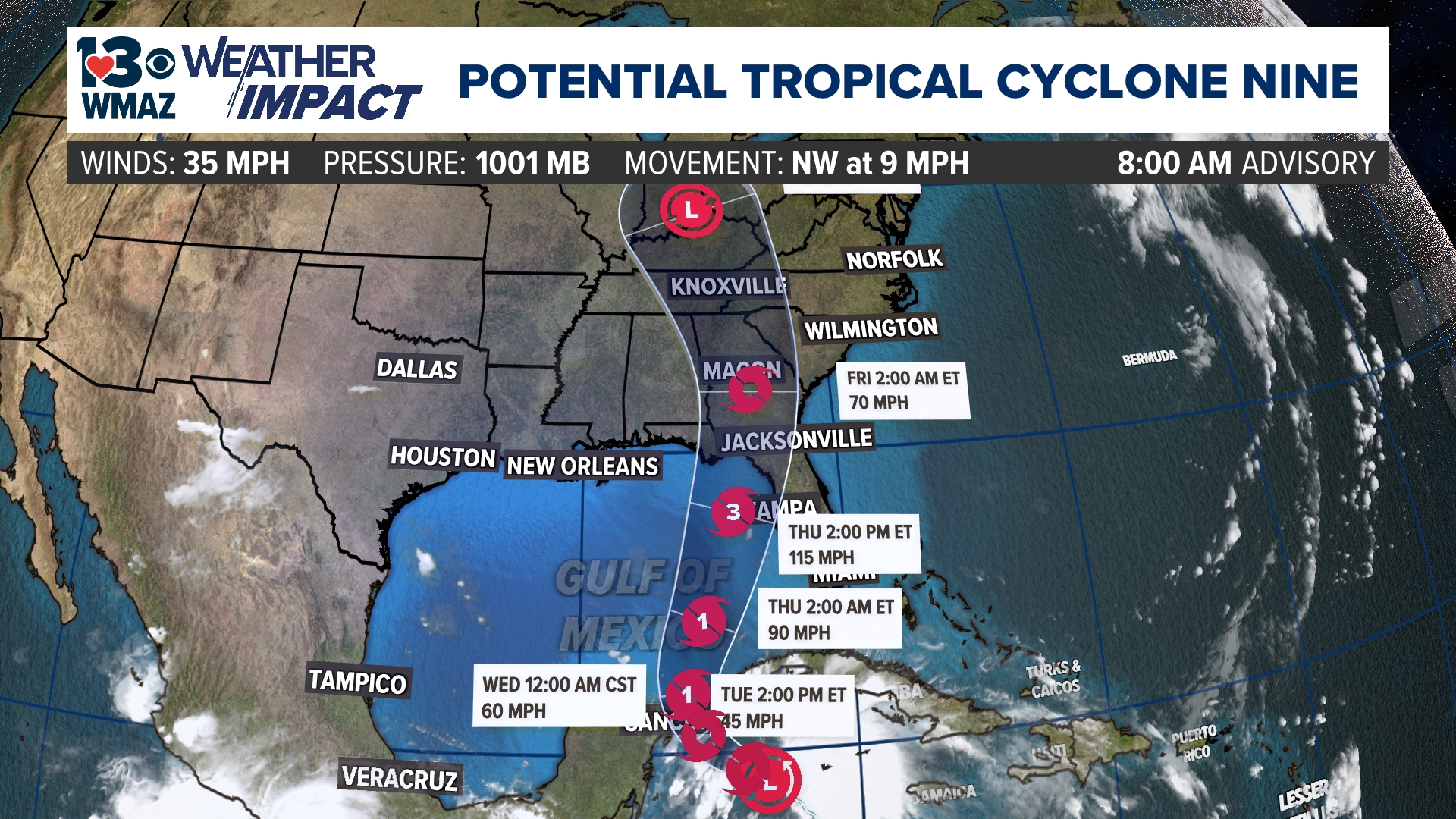 Latest forecasts from the National Hurricane Center predict that Potential Tropical Cyclone Nine will continue to intensify over the Gulf of Mexico.