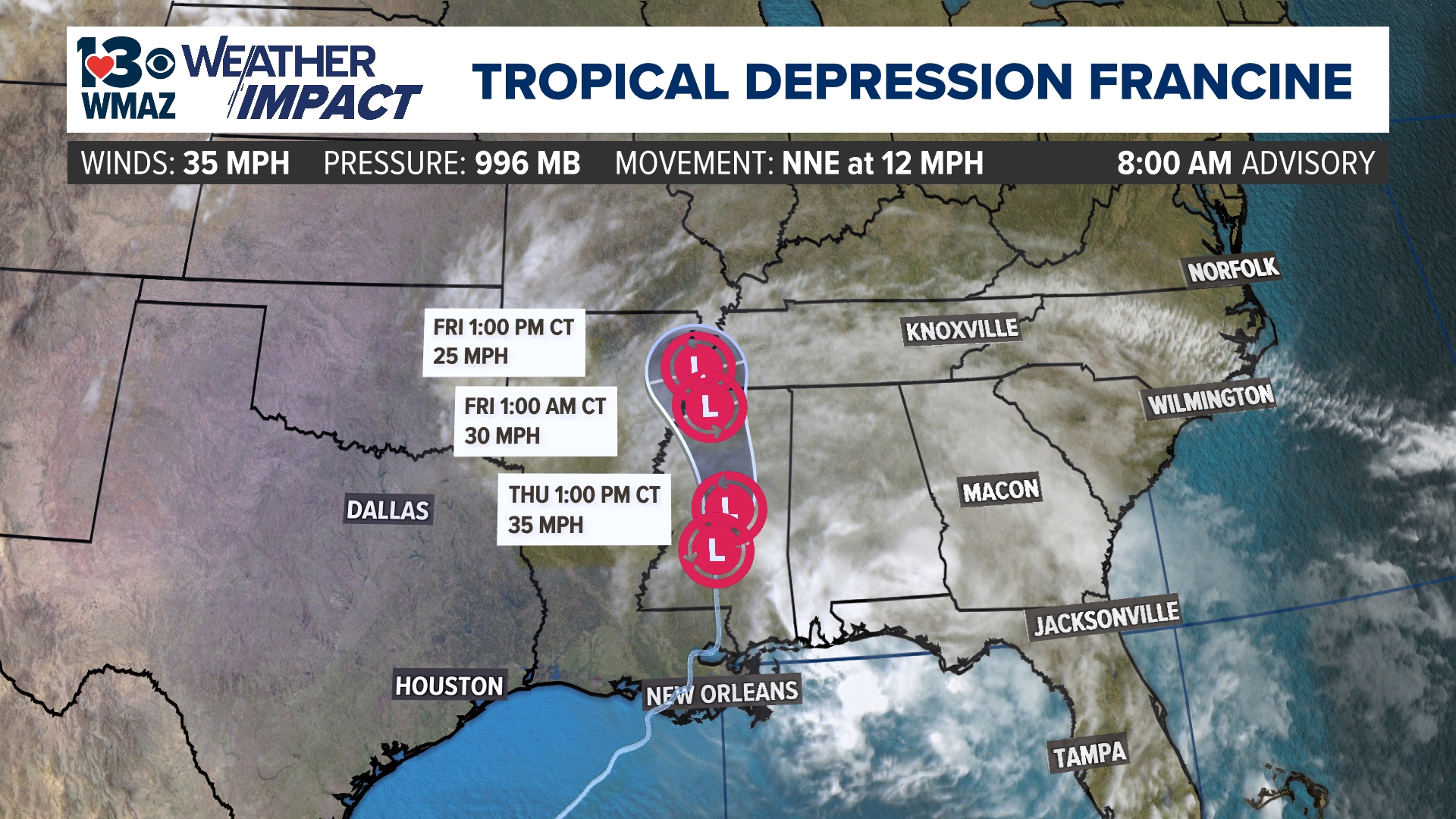 Outer bands of rain in the form of showers & storms will cover much of Central Georgia the next few days.