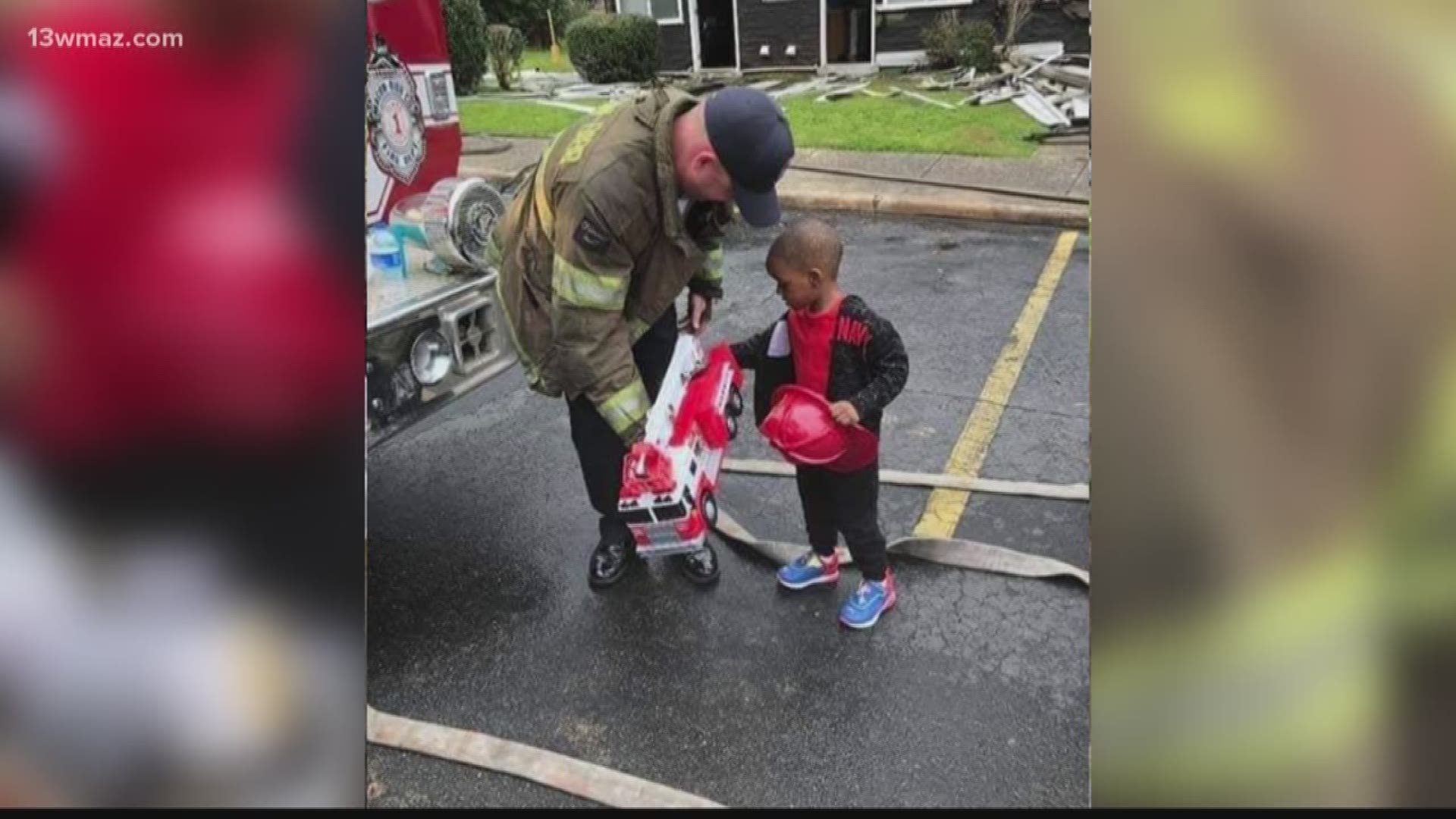 After the fire at the Green Meadows Townhouses, one boy lost his toy truck. A firefighter decided to make his day by replacing it and getting him socks and shoes.