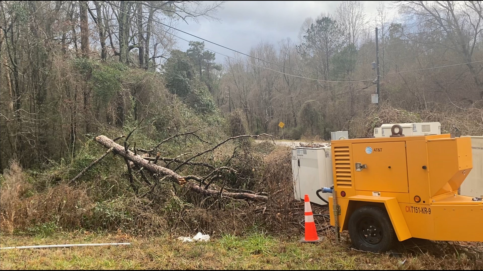 After storms raged through Central Georgia, on Old Forsyth Road in Macon, crews were out working to resolve powering damage from the storm.