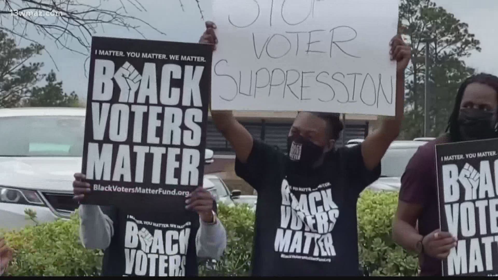 Macon groups protested as part of a statewide effort to boycott major Georgia businesses in response to the signing of the state's new voting law.