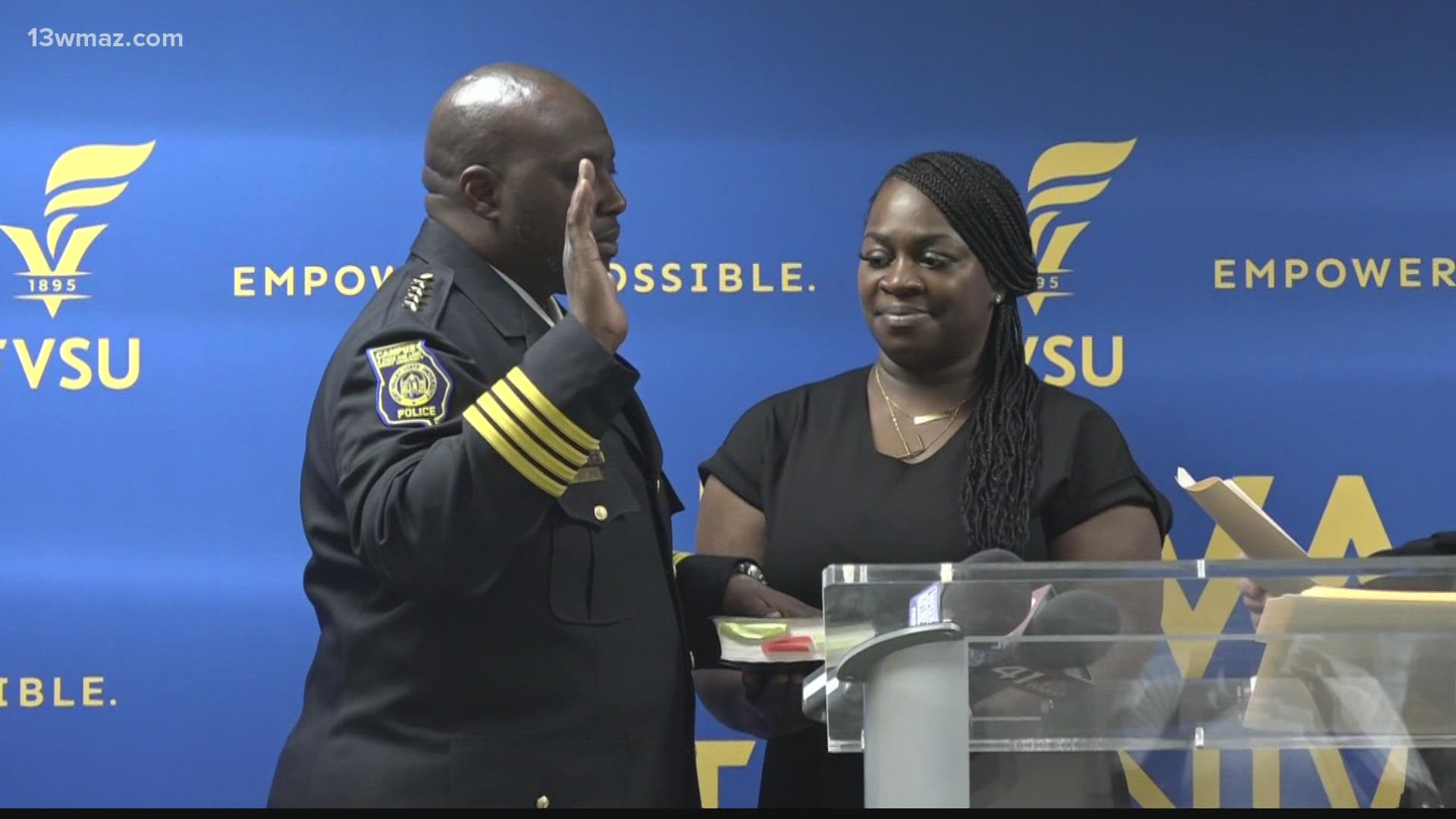 Campus safety and commitment to the community were some of the values Antonio Fletcher talked about during his swearing in.