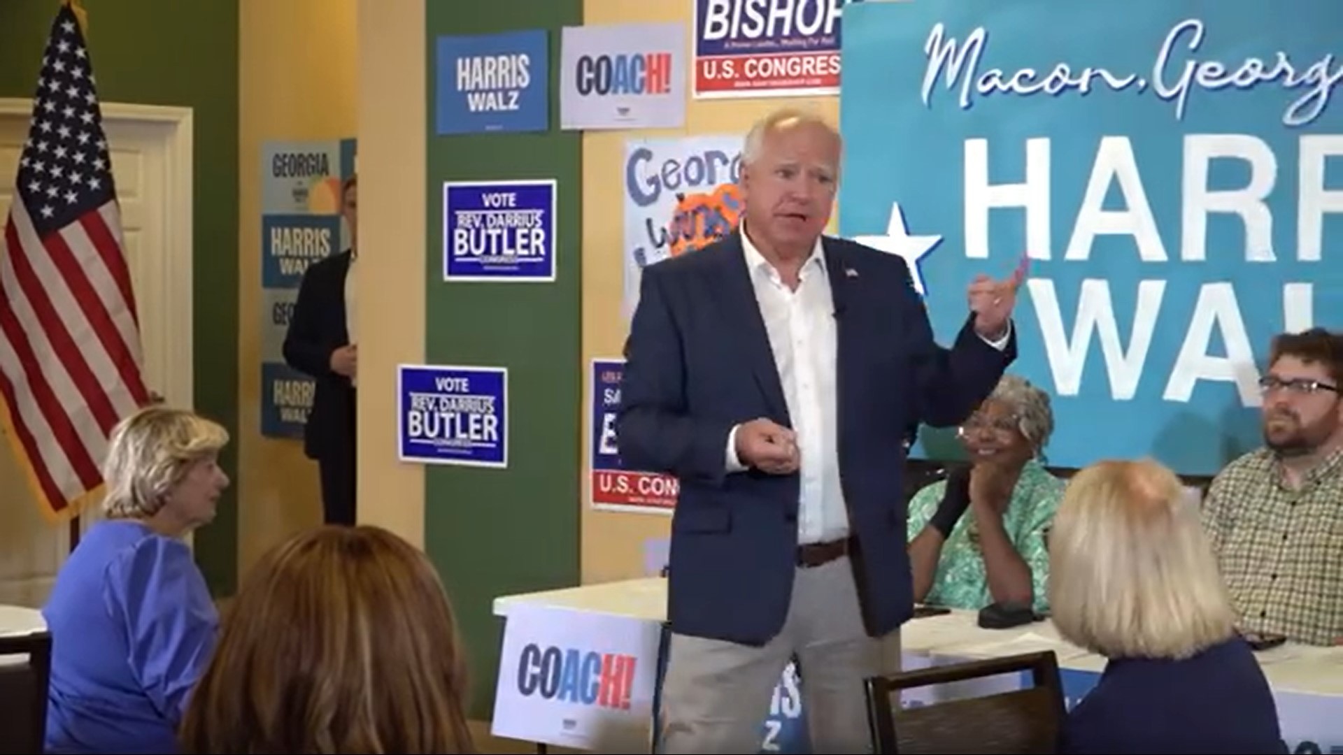 Democratic Vice Presidential nominee Tim Walz spoke to campaign staffers on Tuesday in Macon ahead of a swing state tour hitting Georgia and North Carolina.