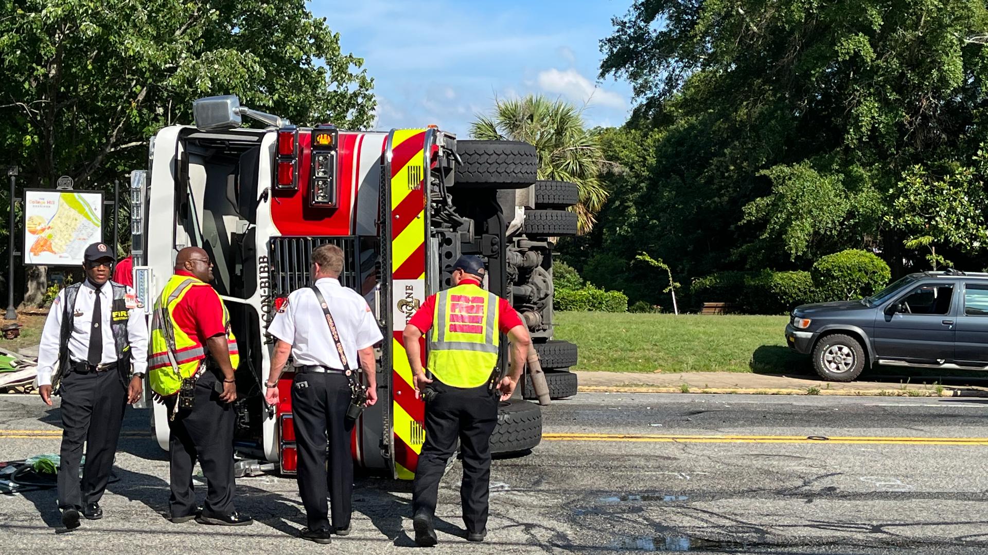 A Macon-Bibb firetruck overturned in downtown Macon around 5 p.m. The crash happened right outside the downtown Macon post office on College Street.