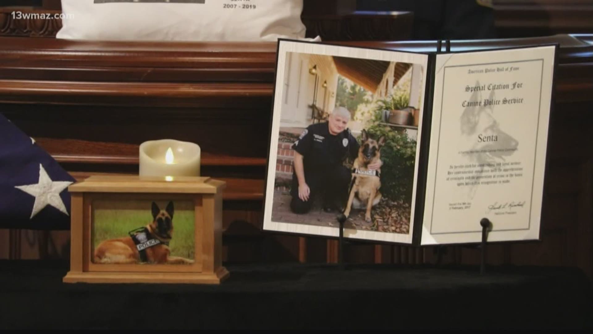 A Byron Police K9 Officer was honored Wednesday with a memorial ceremony after 10 years of service with the department. K9 Senta's service was held at Hart's Mortuary at the Cupola around 10 a.m., after a procession starting from the Byron Police Department.