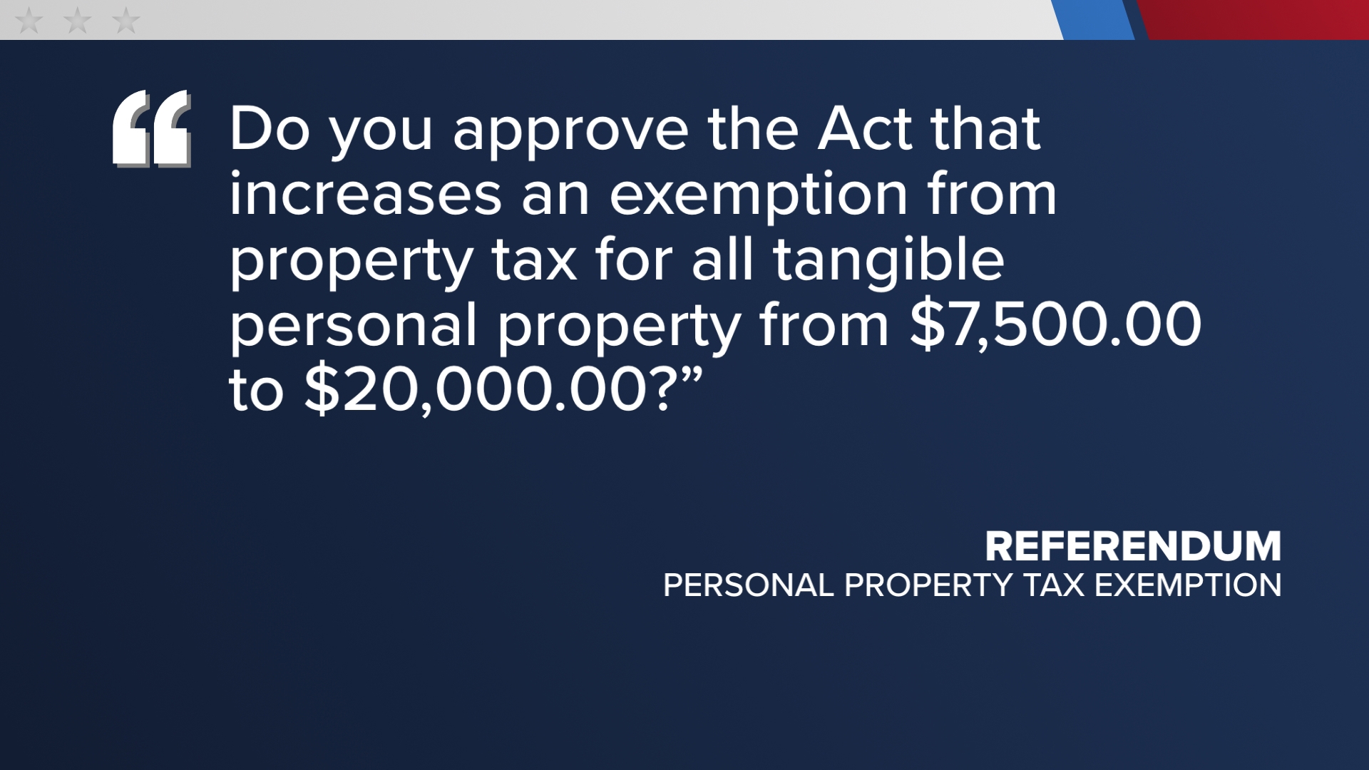 You will see three yes or no questions. Two are related to tax exemptions, the other would create a state tax court.