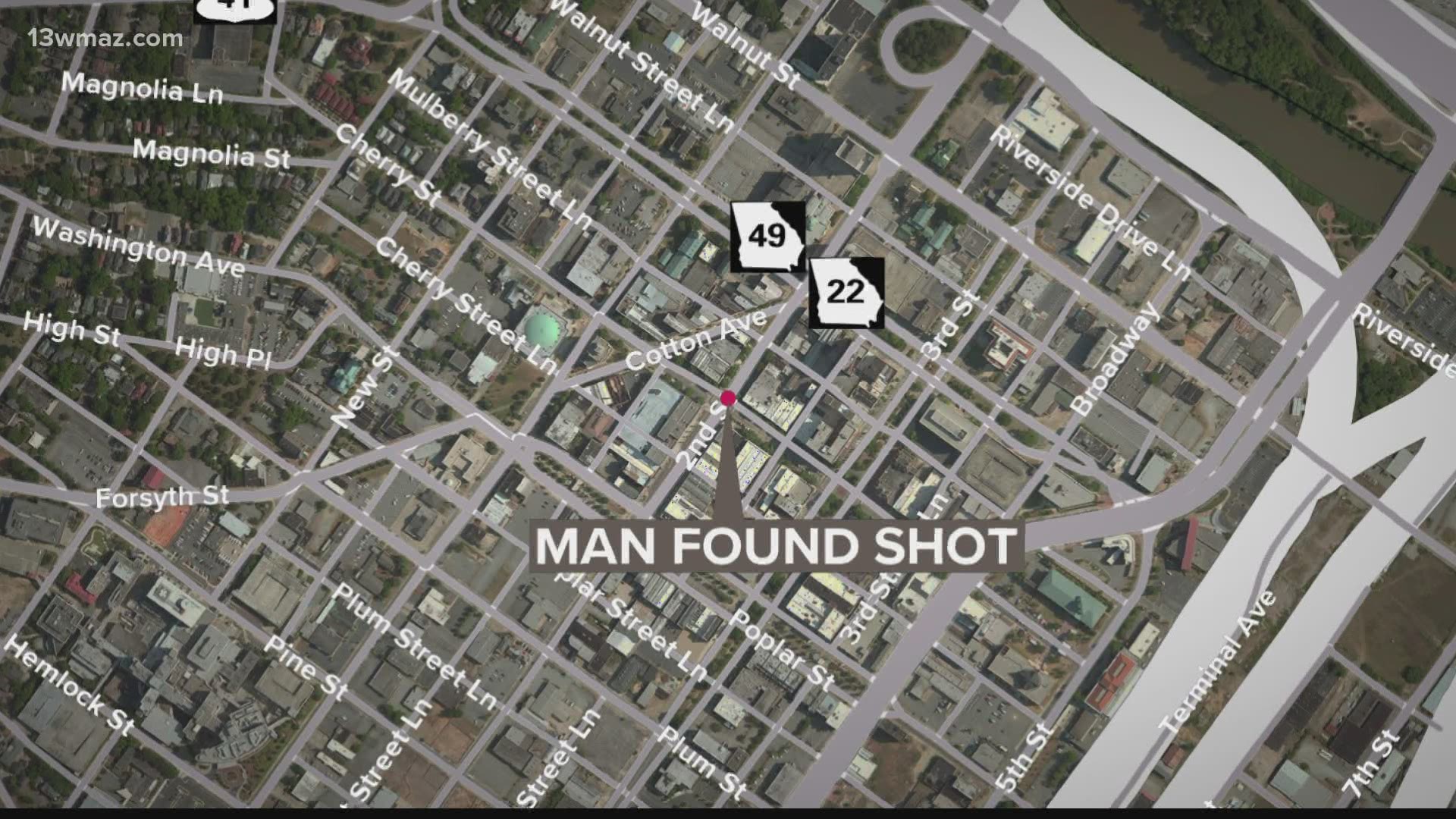 Deputies found a man shot in the head in a car in downtown Macon at the corner of Cherry Street and Second street