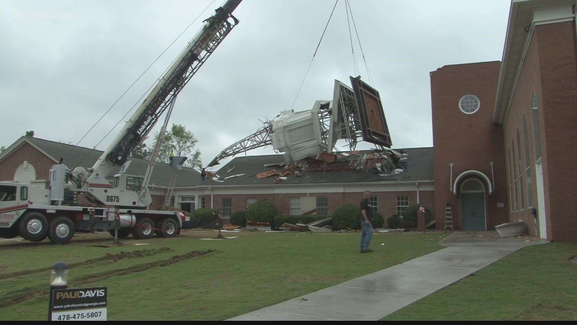 The steeple came down at Northminster Presbyterian Church in Tuesday's severe weather. People were inside hunkered down in a hallway but everyone is fine and made it