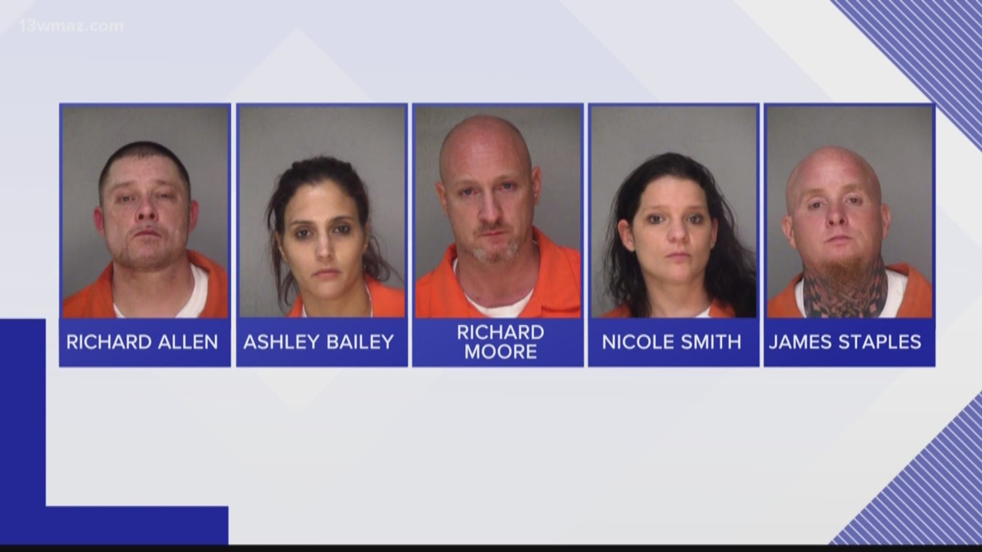 Five people are in the Bibb County jail on meth trafficking charges and the Bibb County Sheriff's is still looking for one more suspect.