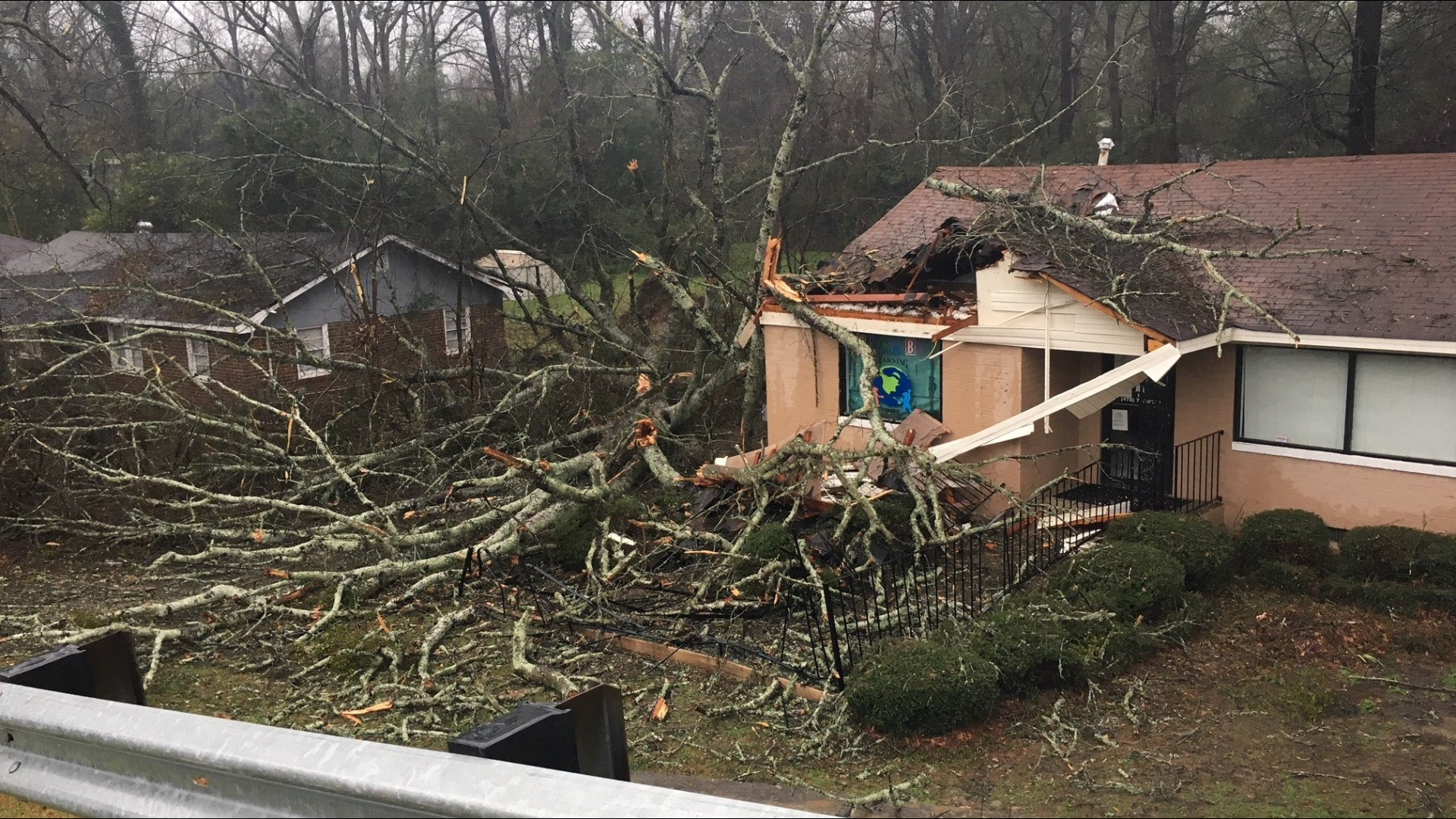 Deputies are at the scene of the Peek-A-Boo Learning Center on Rocky Creek Road after a tree fell through the roof during the storms Thursday