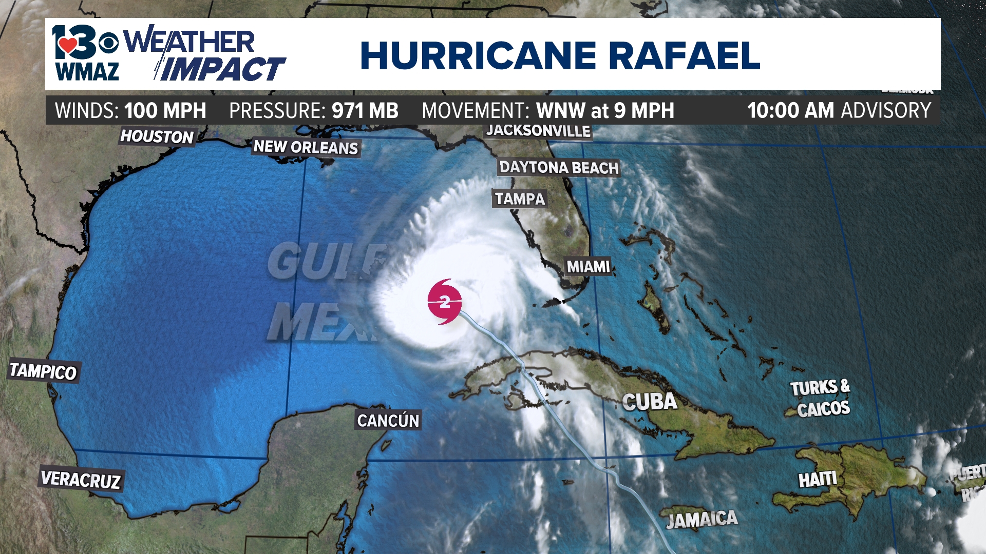 The Hurricane is expected to move further west into the Gulf of Mexico, before weakening from strong wind shear.