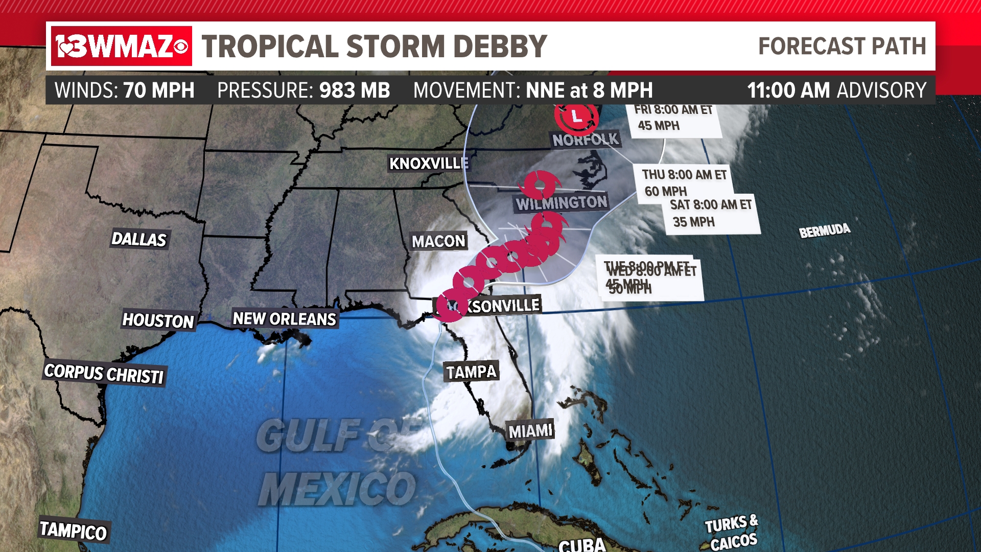 Debby has sustained winds of 70 mph as it now approaches south Georgia.