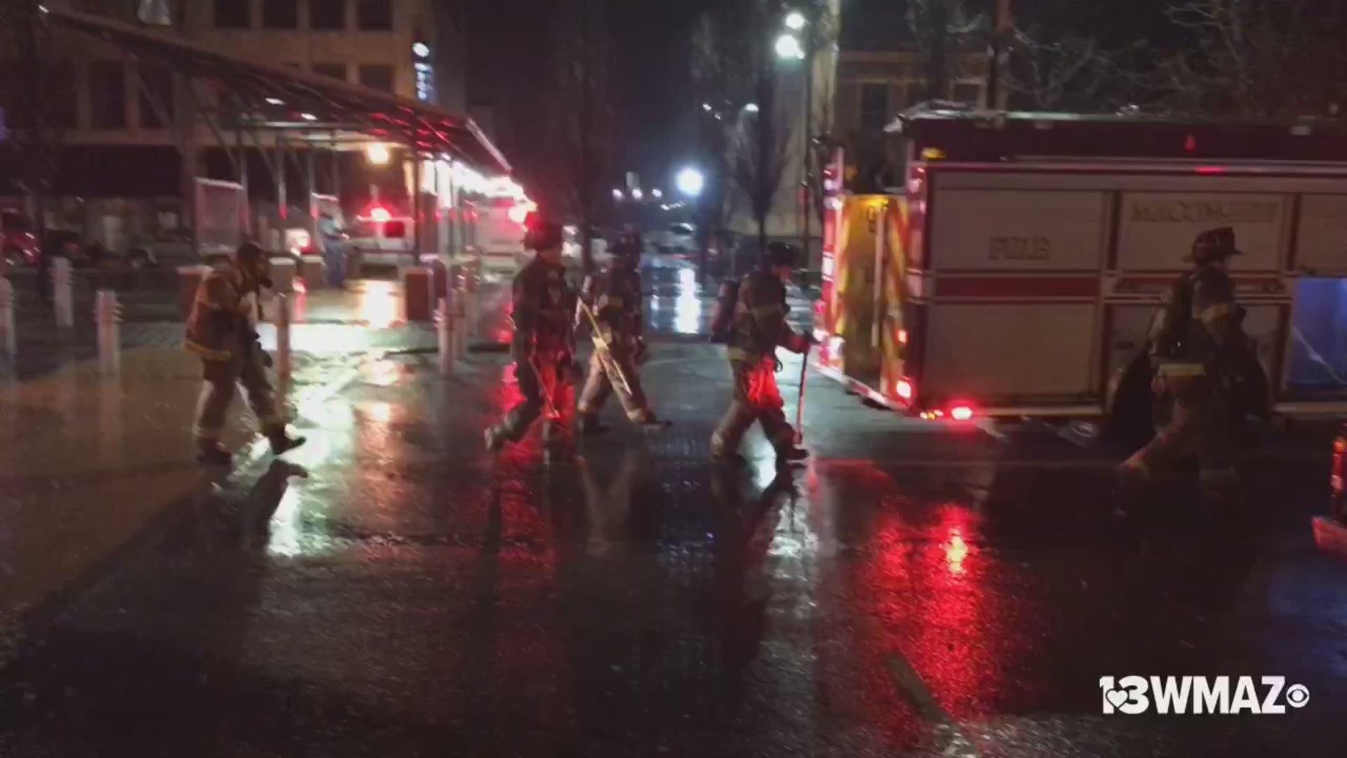 Fire are EMS units at work outside Grant's Lounge in downtown Macon. EMA Director Spencer Hawkins says it appears to be the result of a direct lightning strike