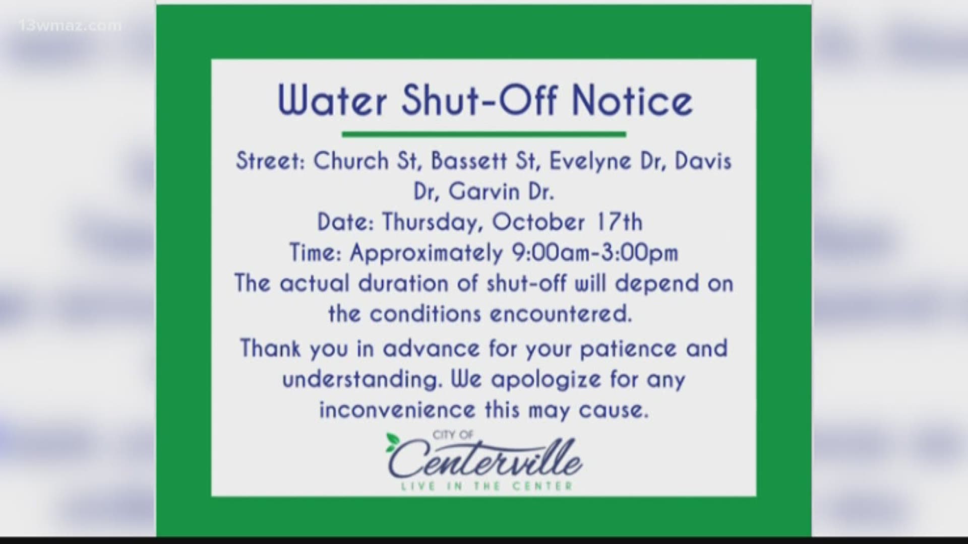 Centerville roads to be impacted by water shutoff