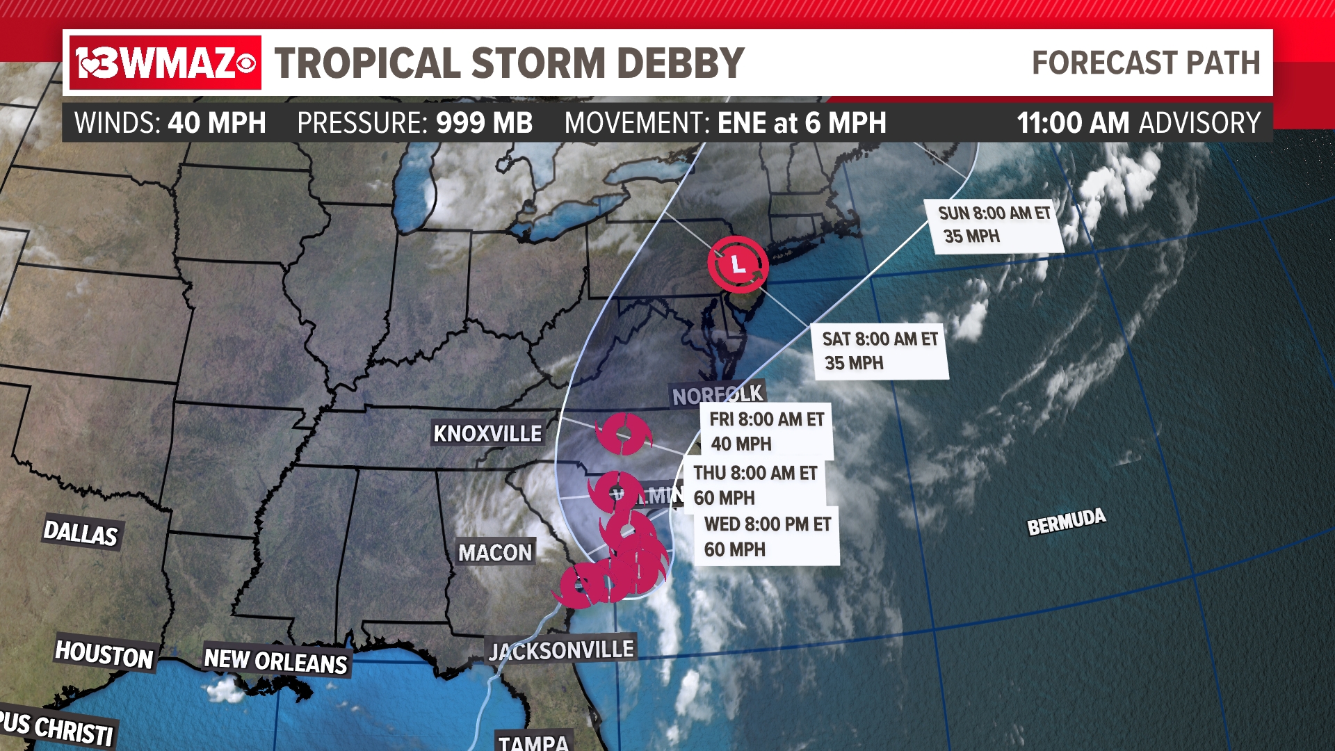 Debby's winds are down to 40 mph but it looks to reorganize slightly as it moves over the warm water of the Atlantic.