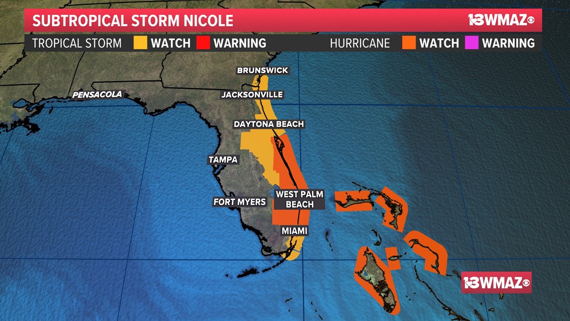 Nicole expected to make landfall in Florida as hurricane | 13wmaz.com