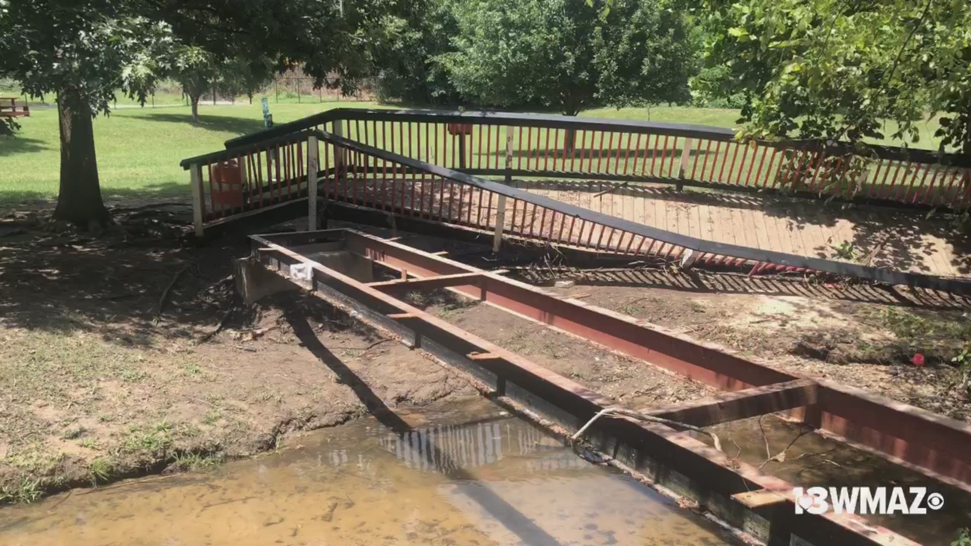 After a round of strong to severe storms Friday in Macon, the bridge washed out at the dog park located on Adams Street.