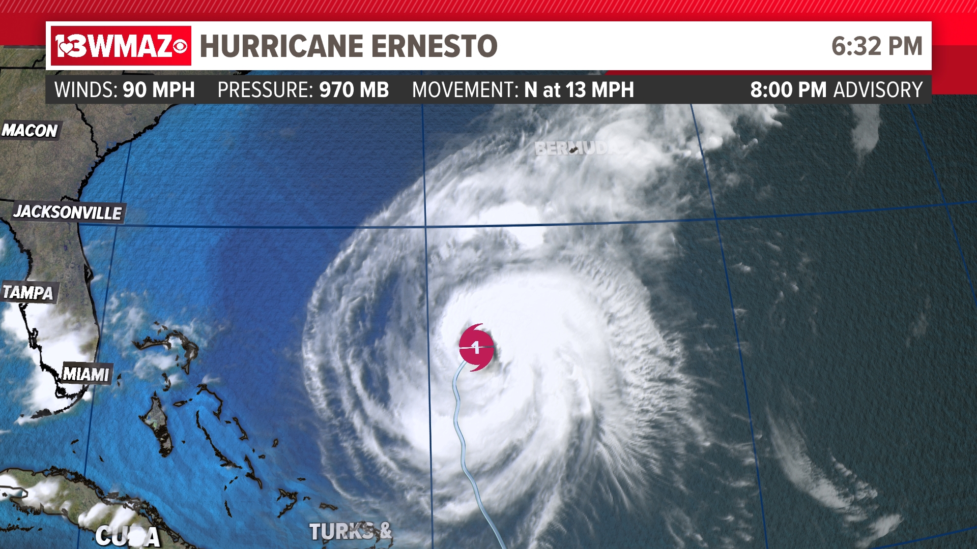 The hurricane is gaining strength off the Atlantic as it moves northward.