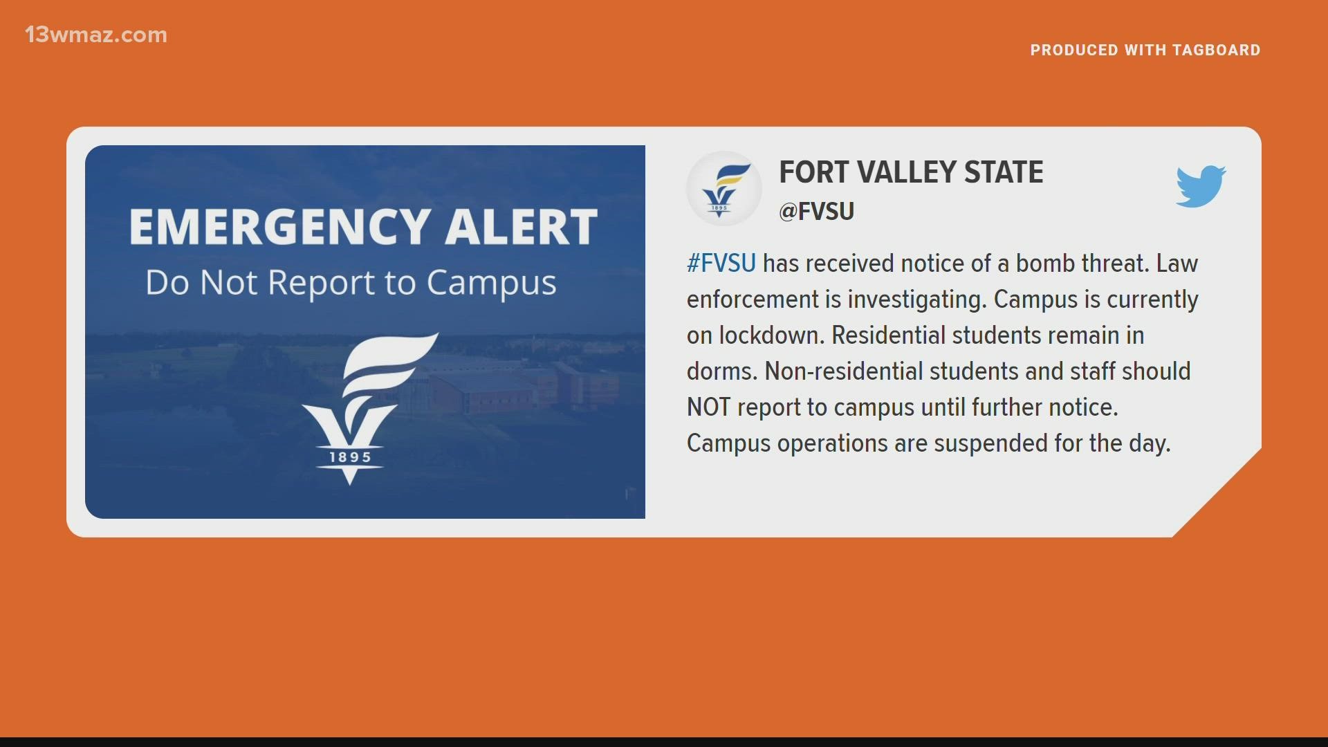 A bomb threat at Fort Valley State University has brought the campus to a halt Tuesday morning.