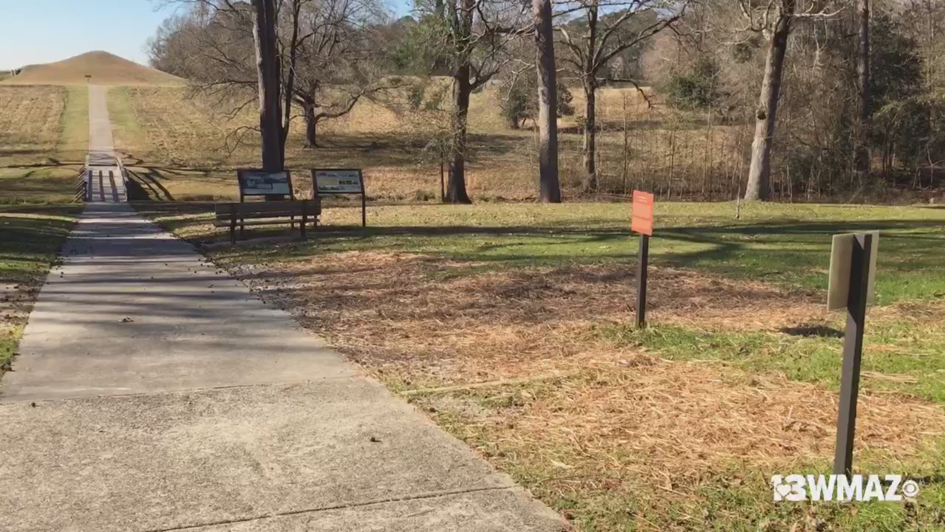 Weeks after the Woodland-style house outside of the visitor's center at the Ocmulgee National Monument was destroyed by vandals, the remains were removed leaving just a sign