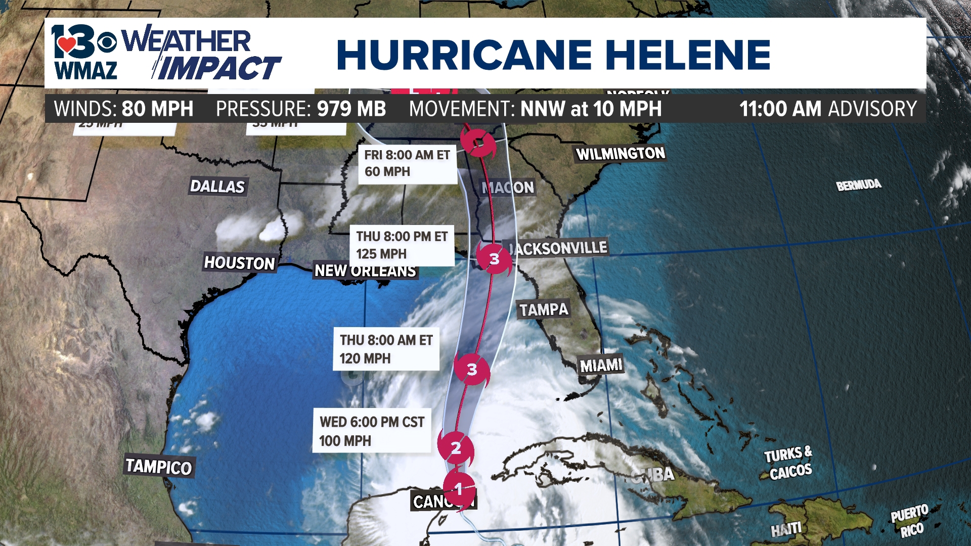 Hurricane Helene will continue to strengthen into a major Category 3 hurricane before landfall on the Florida Gulf coast.