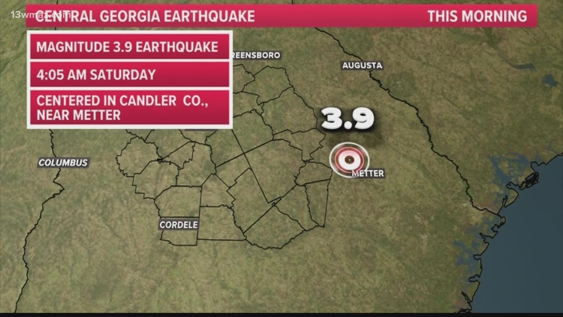 The United States Geological Survey says a magnitude 3.9 earthquake struck just outside of Metter, Ga.