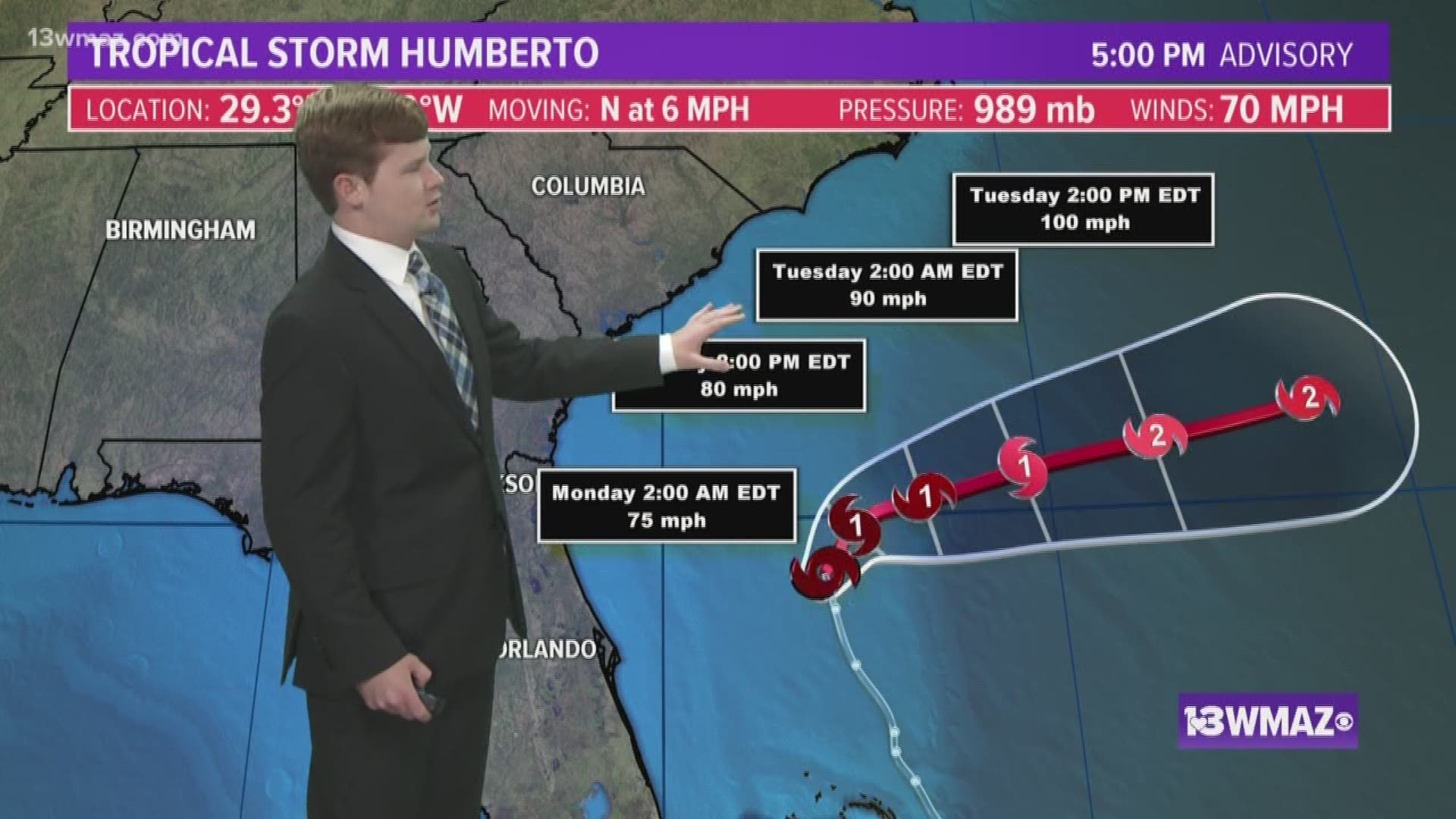 Humberto is expected to strengthen over the next few days and head out into the Atlantic away from the United States. Here’s the latest radars, models, tracks, and forecast for Georgia from Meteorologist Austin Chaney. For more Central Georgia weather, visit 13wmaz.com/weather