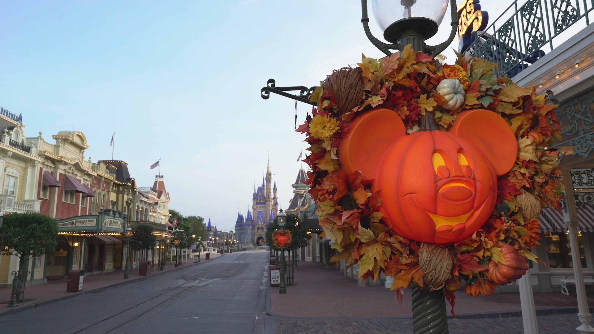 The Magic Kingdom is getting in the mood for autumn, with Mickey pumpkin wreaths adorning Main Street USA.