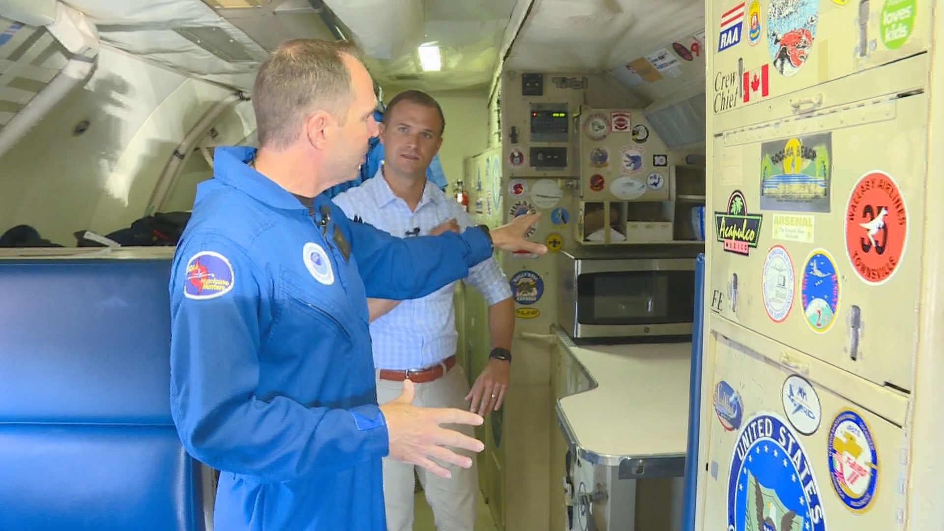 Inside NOAA's Lockheed WP-3D Orion aircraft, a team works together to safely navigate through a hurricane and collect the essential information needed to compute better forecasts. Look for a few items from "home," too, including a microwave, coffee pot and a place to sleep.