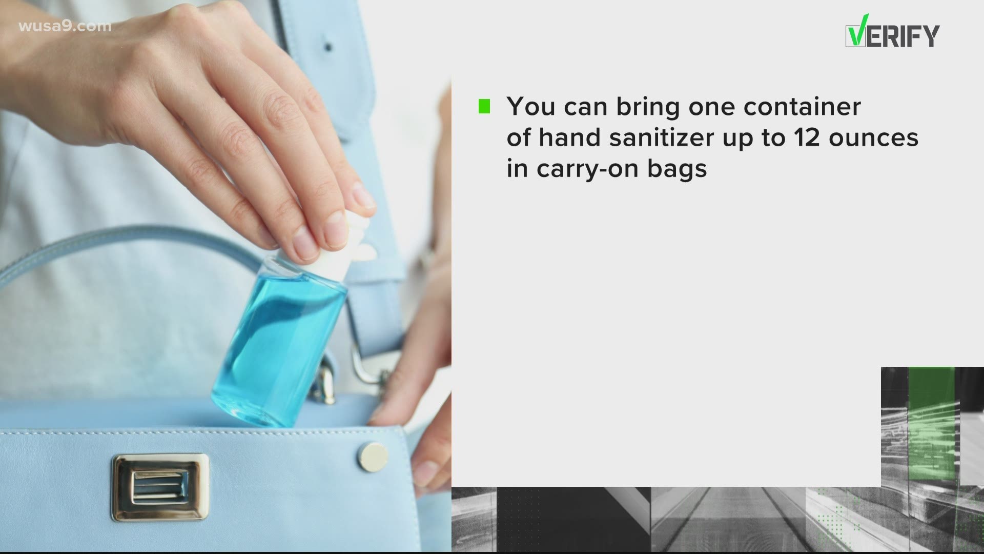 Right now TSA is allowing travelers to pack a single bottle of hand sanitizer up to 12 fluid ounces. Wipes are fine, no matter the size.