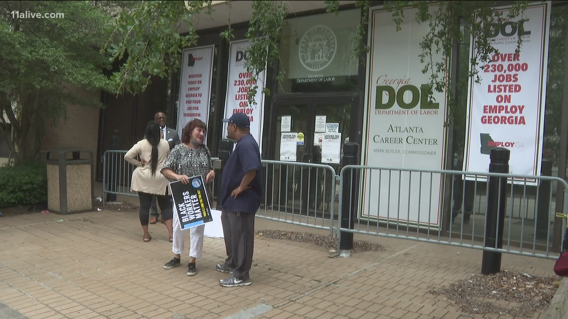 A protest is going on outside the Georgia Department of Labor offices.