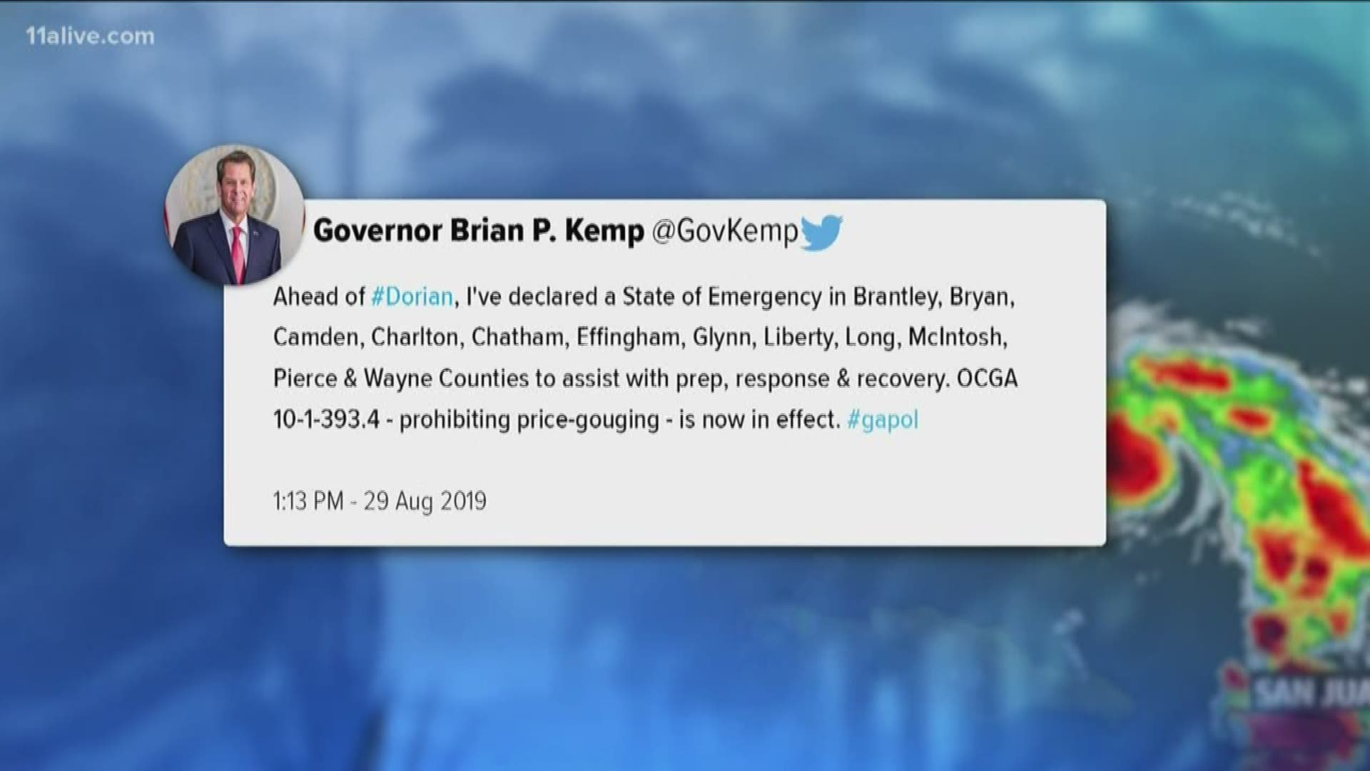 The state of emergency has been declared for Brantley, Bryan, Camden, Charlton, Chatham, Effingham, Glynn, Liberty, Long, McIntosh, Pierce and Wayne counties.