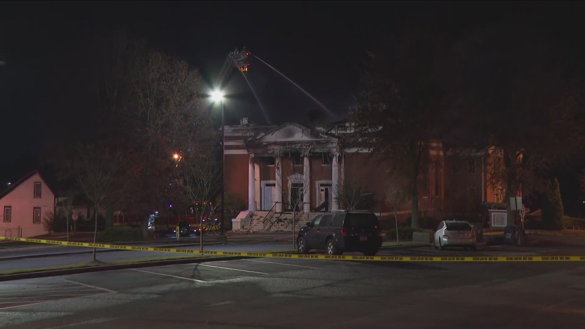 Crews battled a Thanksgiving night fire at First Pentecostal Church in downtown Buford. 