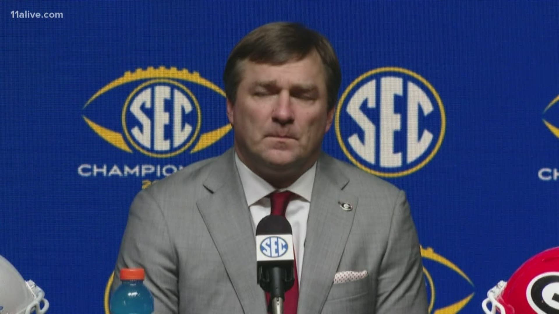 Kirby Smarts talks to the media before the SEC Championship game in Atlanta. The Georgia Bulldogs face the LSU Tigers.