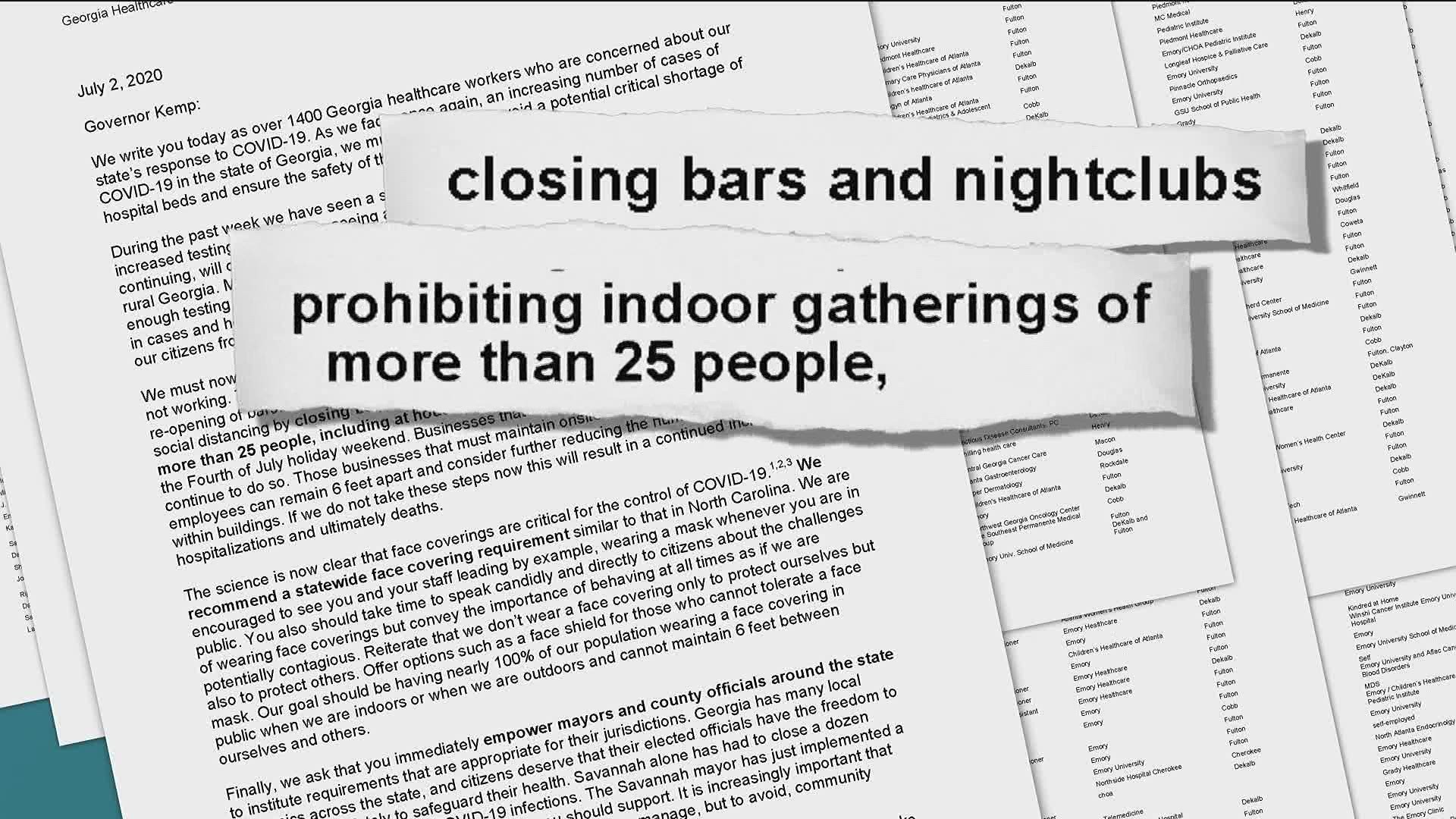 The letter calls for a number of key policy changes, including instituting a statewide mask requirement, re-closing bars and nightclubs, and more.