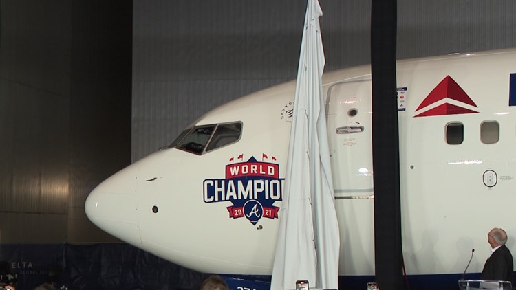 Delta unveils newly-designed plane for Braves World Series Champs