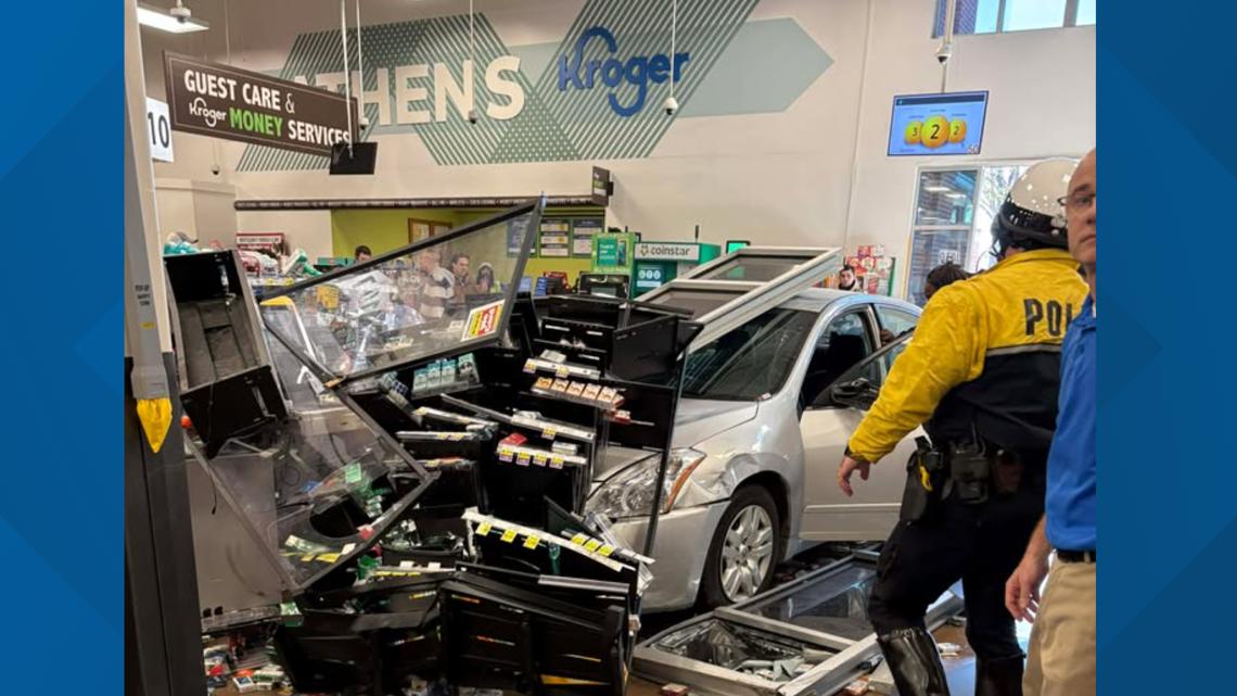 Driver with revoked license crashes into busy Athens Kroger, trapping employee and injuring five, police say