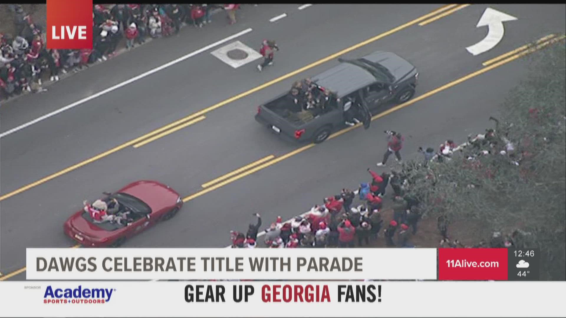 The Georgia Bulldogs are celebrating their national championship in Athens on Saturday.
